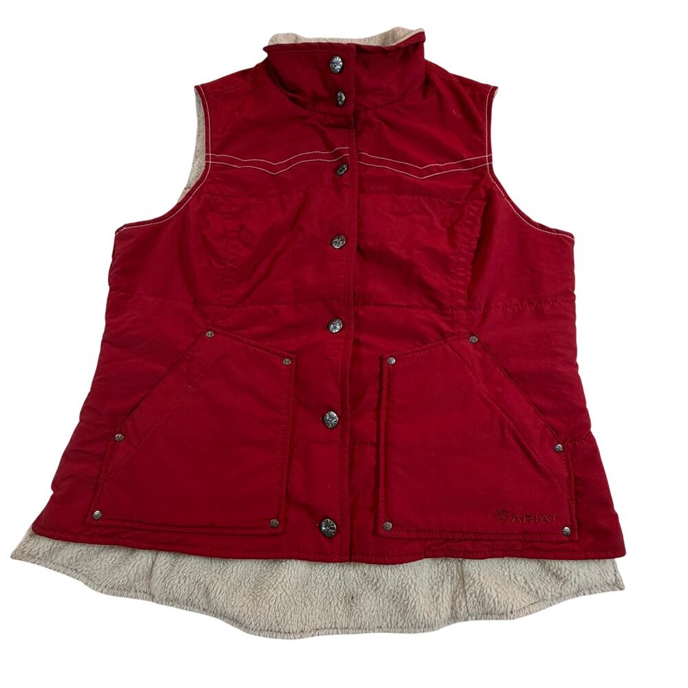Ariat Western Quilted Vest Metal Snap Front Sherpa Lining Red Women’s Sz XL